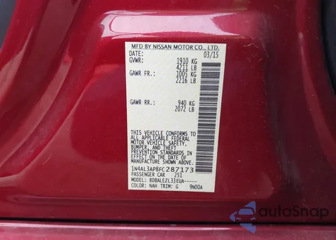 2015 Nissan Altima 2.5/2.5 S/2.5 Sl/2.5 Sv from USA, damaged, VIN 1N4AL3AP8FC287173